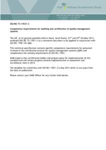 Wilton Park House, Wilton Place, Dublin 2, Ireland Tel +[removed]Fax +[removed]E-mail [removed] Web www.inab.ie ISO/IEC TS[removed]Competence requirements for auditing and certification of quality manageme