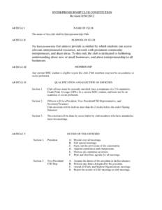 ENTREPRENEURSHIP CLUB CONSTITUTION  Revised[removed]ARTICLE I