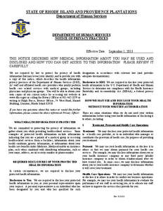 STATE OF RHODE ISLAND AND PROVIDENCE PLANTATIONS Department of Human Services DEPARTMENT OF HUMAN SERVICES NOTICE OF PRIVACY PRACTICES