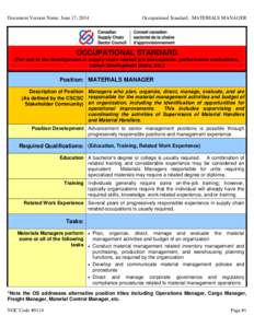 Document Version Name: June 17, 2014  Occupational Standard: MATERIALS MANAGER OCCUPATIONAL STANDARD (For use in the development of supply chain related job descriptions, performance evaluations,