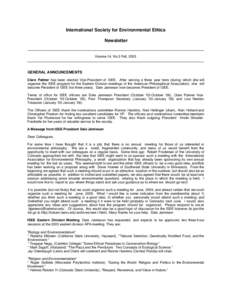 International Society for Environmental Ethics Newsletter _____________________________________________________________________________________________ Volume 14, No.3 Fall, 2003 _________________________________________