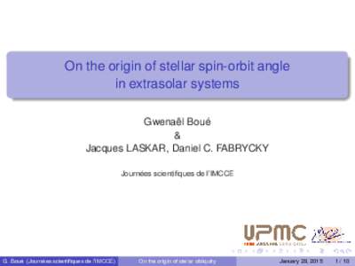 On the origin of stellar spin-orbit angle in extrasolar systems Gwenaël Boué & Jacques LASKAR, Daniel C. FABRYCKY Journées scientifiques de l’IMCCE