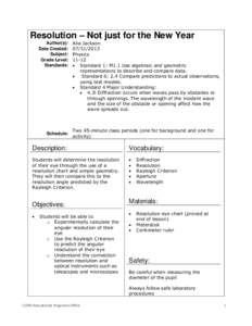Resolution – Not just for the New Year Author(s): Date Created: Subject: Grade Level: Standards: