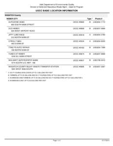 Utah Department of Environmental Quality Division of Solid and Hazardous Waste Mgmt - Used Oil Program UOCC BASIC LOCATION INFORMATION WASATCH County HEBER CITY