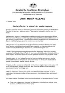 Northern Territory to receive 7-day weather forecasts - media release 8 October 2014