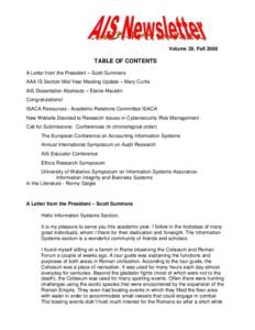 Volume 29, Fall[removed]TABLE OF CONTENTS A Letter from the President – Scott Summers AAA IS Section Mid-Year Meeting Update – Mary Curtis AIS Dissertation Abstracts – Elaine Mauldin