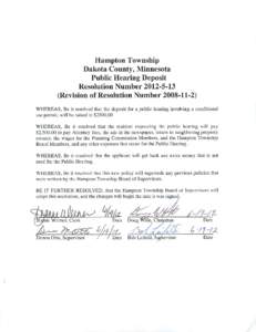 Hampton Township Dakota County, Minnesota Public Hearing Deposit Resolution NumberRevision of Resolution Number)