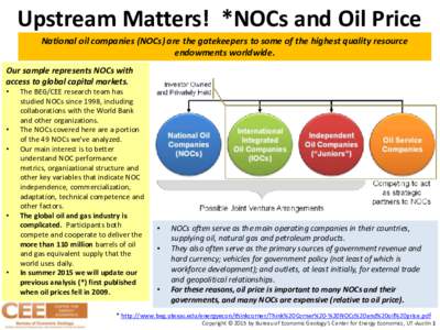 Upstream Matters! *NOCs and Oil Price National oil companies (NOCs) are the gatekeepers to some of the highest quality resource endowments worldwide. Our sample represents NOCs with access to global capital markets. •