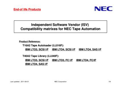 End-of life Products  Independent Software Vendor (ISV) Compatibility matrixes for NEC Tape Automation  Product Reference: