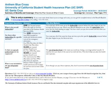 Anthem Blue Cross University of California Student Health Insurance Plan (UC SHIP) UC Santa Cruz Coverage Period:  – Summary of Benefits and Coverage: What this Plan Covers & What it Costs