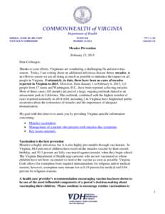 COMMONWEALTH of VIRGINIA Department of Health MARISSA J. LEVINE, MD, MPH, FAAFP STATE HEALTH COMMISSIONER  PO BOX 2448