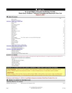  Apple Inc. K-12 and Higher Education Institution US Only Third-Party Products: Software Licensing and Hardware Price List March 17, 2015  Table Of Contents Page