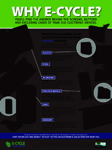 WHY E-CYCLE? You’ll find the answer behind the SCREENS, BUTTONS AND ENCLOSING CASES OF YOUR Old electronic devices. Electronics are complex, made up of small amounts of many