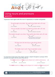 Using nouns and pronouns grammar A pronoun must agree with the noun it represents in number and gender. The girl bought a bus ticket. She paid for her ticket with a $5 note. noun (singular)