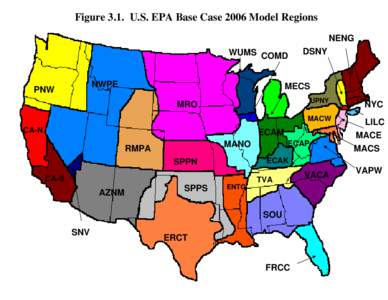 Figure 3.1. U.S. EPA Base Case 2006 Model Regions NENG WUMS COMD NWPE  PNW