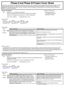 Phase II and Phase III Project Cover Sheet All information contained within the individual site database and inventory sheets is solely the work of the researchers and authors noted below. The data provided has been cull