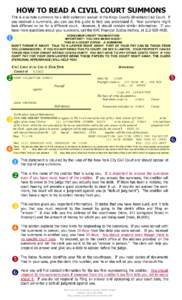 HOW TO READ A CIVIL COURT SUMMONS This is a sample summons for a debt collection lawsuit in the Kings County (Brooklyn) Civil Court. If you received a summons, you can use this guide to help you understand it. Your summo