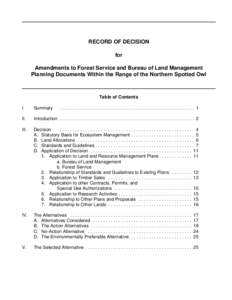 RECORD OF DECISION for Amendments to Forest Service and Bureau of Land Management Planning Documents Within the Range of the Northern Spotted Owl  Table of Contents