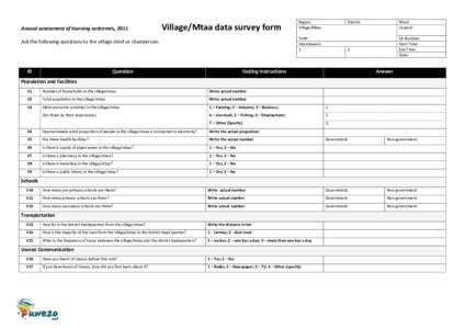Annual assessment of learning outcomes, 2011  Village/Mtaa data survey form District: