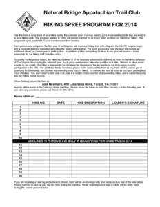 Natural Bridge Appalachian Trail Club HIKING SPREE PROGRAM FOR 2014 Use this form to keep track of your hikes during this calendar year. You may want to put it in a sealable plastic bag and keep it 	
  in your hiking pa