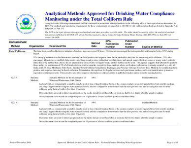 Analytical Methods Approved for Drinking Water Compliance Monitoring under the Total Coliform Rule Analysis for the following contaminants shall be conducted in accordance with the methods in the following table or their equivalent as determined by