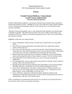National Park Service 2011 Environmental Achievement Awards Winner Grand Canyon Railway, Concessioner Grand Canyon National Park