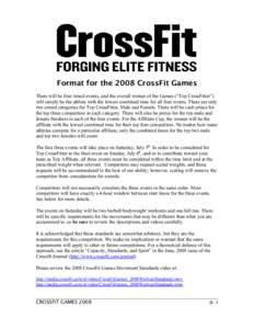 Format for the 2008 CrossFit Games There will be four timed events, and the overall winner of the Games (“Top CrossFitter”) will simply be the athlete with the lowest combined time for all four events. There are only