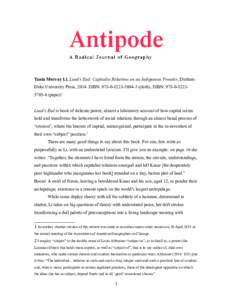 Tania Murray Li, Land’s End: Capitalist Relations on an Indigenous Frontier, Durham: Duke University Press, 2014. ISBN:  (cloth); ISBN:  (paper)1 Land’s End is book of delicate power,