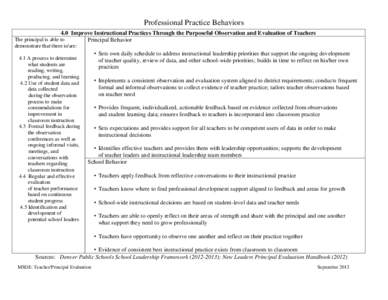 Professional Practice Behaviors 4.0 Improve Instructional Practices Through the Purposeful Observation and Evaluation of Teachers The principal is able to Principal Behavior demonstrate that there is/are: 4.1 A process t