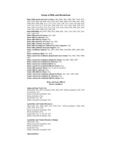 Status of Bills and Resolutions House bills passed and sent to Senate: 2001,2002, 2003, 2004, 2007, 2010, 2023, 2026, 2039, 2045, Sub 2050, 2052, 2054, 2059, 2060, 2068, 2079, 2085, 2091, 2092, 2096, 2097, 2098, 2099, 21