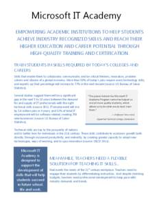 Microsoft IT Academy EMPOWERING ACADEMIC INSTITUTIONS TO HELP STUDENTS ACHIEVE INDUSTRY RECOGNIZED SKILLS AND REACH THEIR HIGHER EDUCATION AND CAREER POTENTIAL THROUGH HIGH-QUALITY TRAINING AND CERTIFICATION. TRAIN STUDE