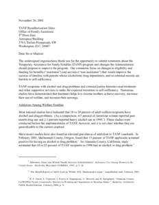 November 30, 2001 TANF Reauthorization Ideas Office of Family Assistance 5th Floor East Aerospace Building 370 L’Enfant Promenade, SW