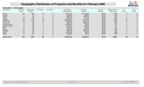 Geographic Distribution of Programs and Benefits for February 2006 County Name : Androscoggin Town Name Cub Care Cases