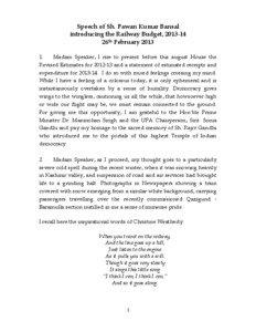 Speech of Sh. Pawan Kumar Bansal introducing the Railway Budget, [removed]26th February 2013
