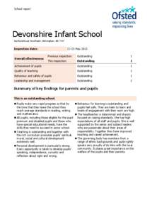 School report  Devonshire Infant School Auckland Road, Smethwick, Birmingham, B67 7AT  Inspection dates