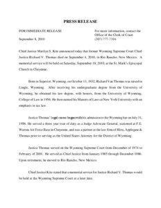 PRESS RELEASE FOR IMMEDIATE RELEASE September 8, 2010