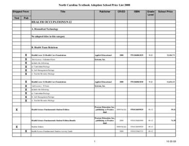 North Carolina Textbook Adoption School Price List 2008 Shipped From Text Title