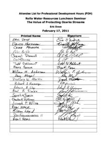 Attendee List for Professional Development Hours (PDH) Rolla Water Resources Luncheon Seminar The Value of Protecting Ozarks Streams   Eric Dove