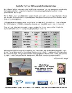 Santa Fe Vs. Four US Regions In Residential Sales My statistical reports customarily cover single family residences. This time, we examine total existing home sales, which are completed transactions that include single f