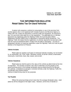 Tax Information Bulletin - Retail Sales Tax on Used Vehicles