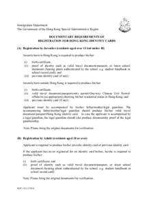 Immigration Department The Government of the Hong Kong Special Administrative Region DOCUMENTARY REQUIREMENTS OF REGISTRATION FOR HONG KONG IDENTITY CARDS