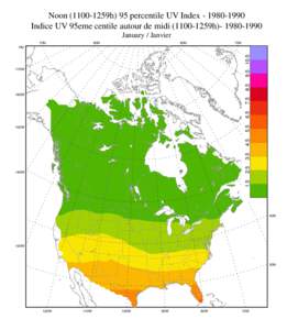 Noon1259h) 95 percentile UV IndexIndice UV 95eme centile autour de midi1259hJanuary / Janvier 70N