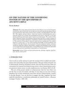 doi:[removed]FEJF2014.59.kulmar  ON THE NATURE OF THE GOVERNING SYSTEM OF THE QIN EMPIRE IN 	 ANCIENT CHINA1 Tarmo Kulmar
