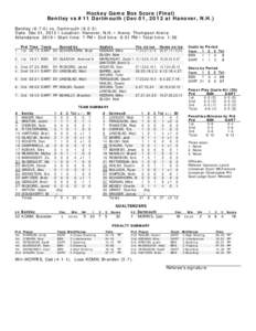 Hockey Game Box Score (Final) Bentley vs #11 Dartmouth (Dec 01, 2012 at Hanover, N.H.) Bentley[removed]vs. Dartmouth[removed]Date: Dec 01, 2012 • Location: Hanover, N.H. • Arena: Thompson Arena Attendance: 2619 • S