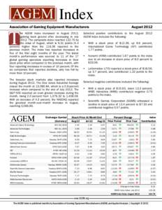 Index Association of Gaming Equipment Manufacturers he AGEM Index increased in August 2012, gaining back ground after decreasing in July[removed]The composite index reached[removed]by the close of August, which is 6.31 poin