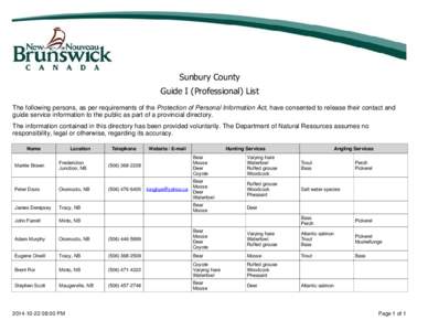 Sunbury County Guide I (Professional) List The following persons, as per requirements of the Protection of Personal Information Act, have consented to release their contact and guide service information to the public as 