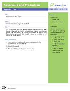 Reservoirs and Production Lesson Plan - Page 1 Topic  I NTERMEDIATE STUDENTS