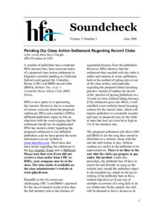 Soundcheck Volume V Number 5 June[removed]Pending Ory Class Action Settlement Regarding Record Clubs