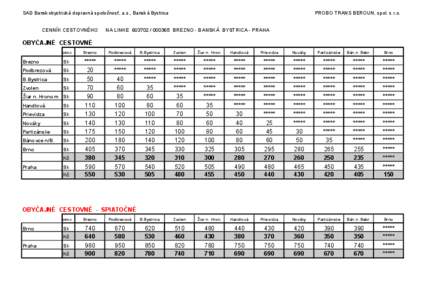 SAD Banskobystrická dopravná spoločnosť, a.s., Banská Bystrica CENNÍK CESTOVNÉHO