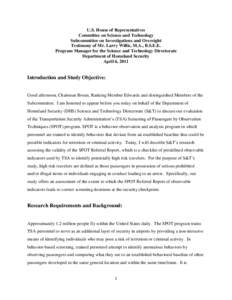 U.S. House of Representatives Committee on Science and Technology Subcommittee on Investigations and Oversight Testimony of Mr. Larry Willis, M.A., B.S.E.E. Program Manager for the Science and Technology Directorate Depa